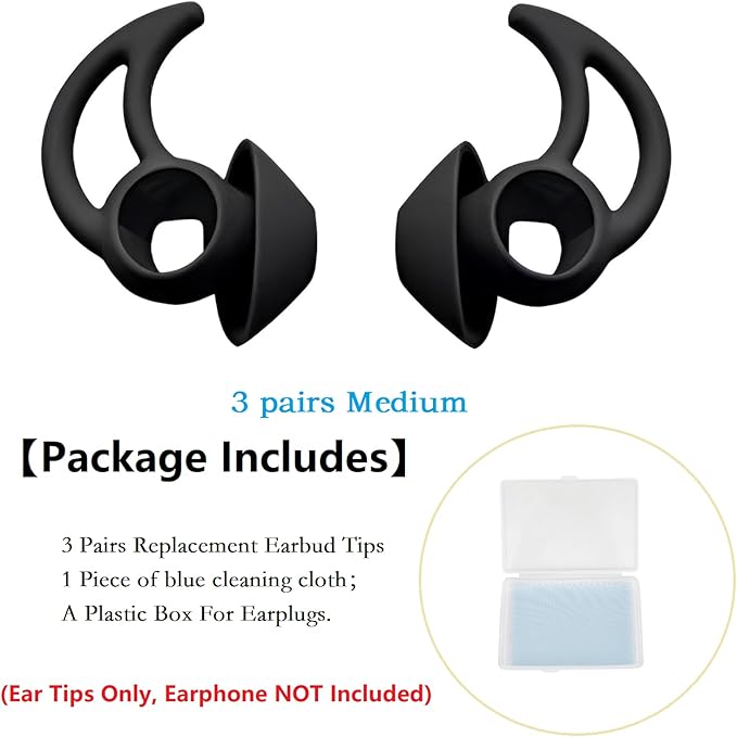 CYADCI Silicone Earbud Tips 3 Pairs, Medium Replacement Eartips, Soft Earbud Tips Compatible with Bose QuietComfort Earbuds and Sport Earbuds,Black