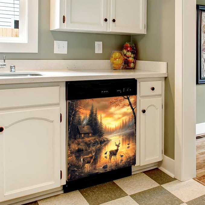 Autumn Deer Lake Forest Dishwasher Magnet Cover for The Front Magnetic Dishwasher Door Covers Dish Washer Sticker Wrap Home Decorative Appliances Panel Decal Kitchen Decor 23" x 26" (Magnetic)
