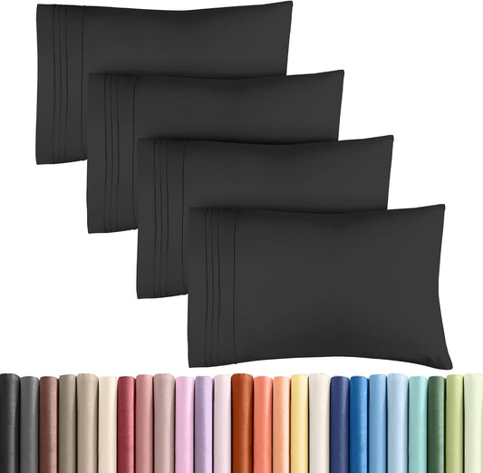 Queen Pillow Cases Set of 4 | Ultra Soft Hotel Quality Covers - Wrinkle Free & Stain Resistant - Black