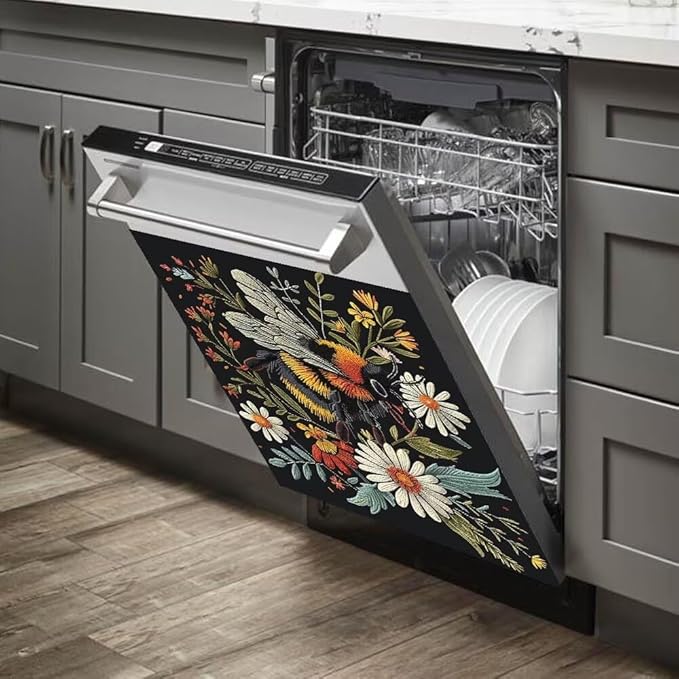 Flower and Bee Pattern Dishwasher Magnet Cover Sticker,Refrigerator Magnet Cover Decal Fridge Magnetic Stickers Home Kitchen Decor,23W x 17H inchs