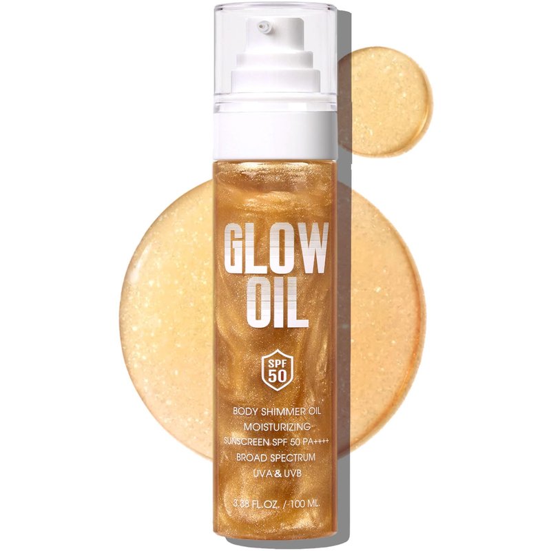 Body Glow Oil, Broad Spectrum SPF 50, Glitter Shimmer Sunscreen Body Oil Lotion with Sequin Mica, Lightweight Non-Sticky Moisturizer with Coconut, Skin Illuminator Glowing Results (01# Golden Amber)