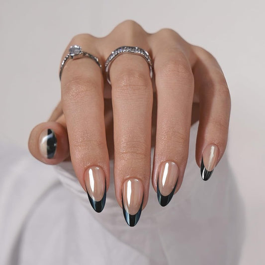 Press On Nails - Black Swan Design with Elegant Black French Tips | Stylish Nail Art Set