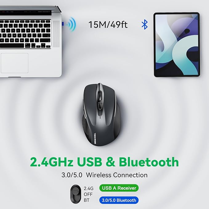 TechRise Bluetooth Mouse (BT5.0/3.0 & 2.4G) Rechargeable Wireless Mouse, 4800 DPI Optical Tracking, 6 Adjustable DPI, 2.4GHz with USB A Receiver, Quiet Clicks, Ergonomic Grips, 6 Buttons - Grey