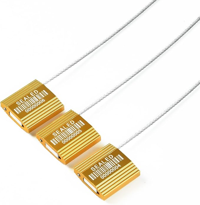 LeadSeals 50 Yellow High Security Cable Seals with Barcode Pull Tight Numbered Steel Security Seals Metal Container Seals Anti-Tamper Shipping Self-Locking Tags for Logisitics ISO 17712 Certificated