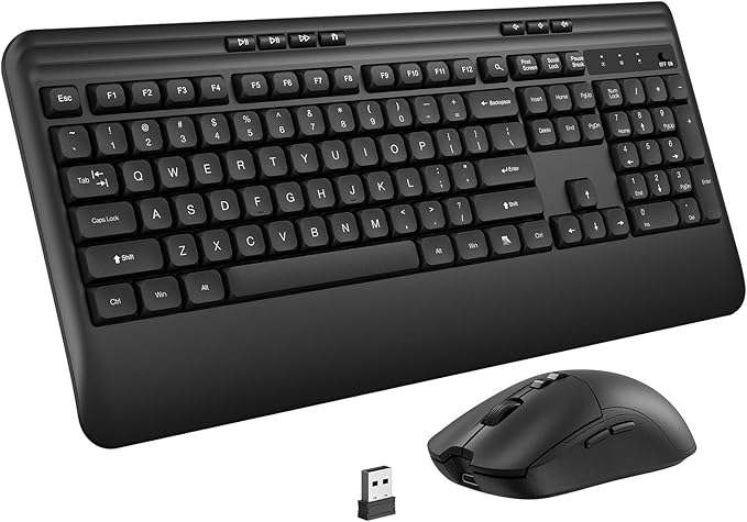 KOPJIPPOM Wireless Keyboard and Mouse Set with Quiet Keys, 2.4G Full Size Ergonomic Keyboard with Wrist Rest, Protective Covers, Soft Touch Silent Design for Windows, Computer, PC and Laptop