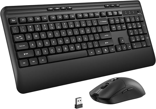 KOPJIPPOM Wireless Keyboard and Mouse Set with Quiet Keys, 2.4G Full Size Ergonomic Keyboard with Wrist Rest, Protective Covers, Soft Touch Silent Design for Windows, Computer, PC and Laptop