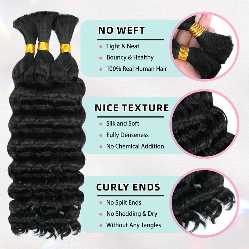 16 Inch Deep Wave Human Braiding Hair for Boho Braids – 50g 1 Bundles/Pack Natural Black 100% Unprocessed 12A Brazilian Virgin Human Hair Bulk, No Weft, Wet & Wavy Curly Extensions