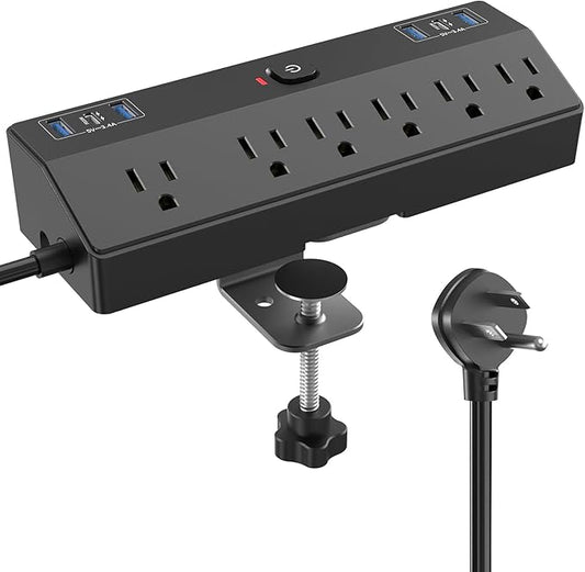 Desk Clamp Power Strip with 40W Fast Charging Station, JXGUCAT 10FT Flat Plug Desk Mount Power Strip Surge Protector, Removable Extension Cord with 2 USB-C Ports 6 Outlets, Fits 1.8" Tabletop Edge