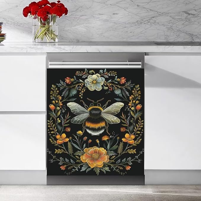 Flower and Bee Pattern Dishwasher Magnet Cover Sticekr - Kitchen Decorative Fridge Panel Decal - Kitchen Appliances Decorate Sticker - 23W x 26H inchs