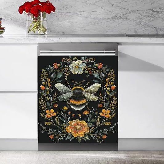 Flower and Bee Pattern Dishwasher Magnet Cover Sticekr - Kitchen Decorative Fridge Panel Decal - Kitchen Appliances Decorate Sticker - 23W x 26H inchs