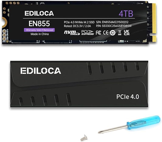 Ediloca 4TB PS5 SSD with Heatsink PCIe Gen4 NVMe M.2 Gaming SSD, 7400MB/s Read, 4GB DRAM Cache, 3D TLC | Internal Solid State Drive Compatible with PS5 & PC(EN855)