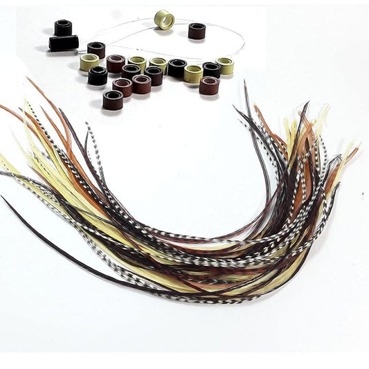 Feather Hair Extensions – 100% Real Rooster Feathers, 20 Natural Color Feathers, Ranging from 8 to 11 Inches, Includes 20 Micro Beads and Loop Tool Kit
