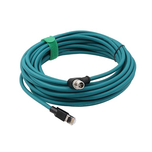 HangTon M12 GigE Ethernet Network Cable CAT7e for Cognex Baumer Sensor Barcode Reader Camera Network PC Switch, Right Angle 90-Degree 8 Pin X-Coded to RJ45 50M