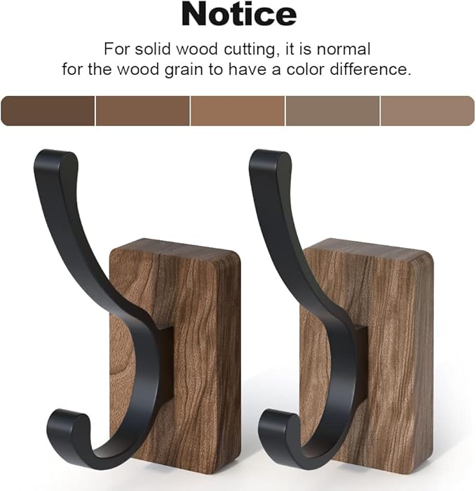 IURRDOP 4 PCS Black Walnut Wood Wall Hooks Adhesive Mounted & Wall Mounted Rustic Decorative Entryway Hooks Mid Century Modern Natural Wooden Pegs for Hanging Coat Clothes Hat Bag Purse and Towel