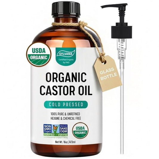 SYLVANA Organic Castor Oil (16oz Glass Bottle), USDA Certified Organic, Cold Pressed, Vegan, Hexane Free - 100% Pure Castor Oil for Nourishing Skin, Hair Growth, Lashes & Eyebrows