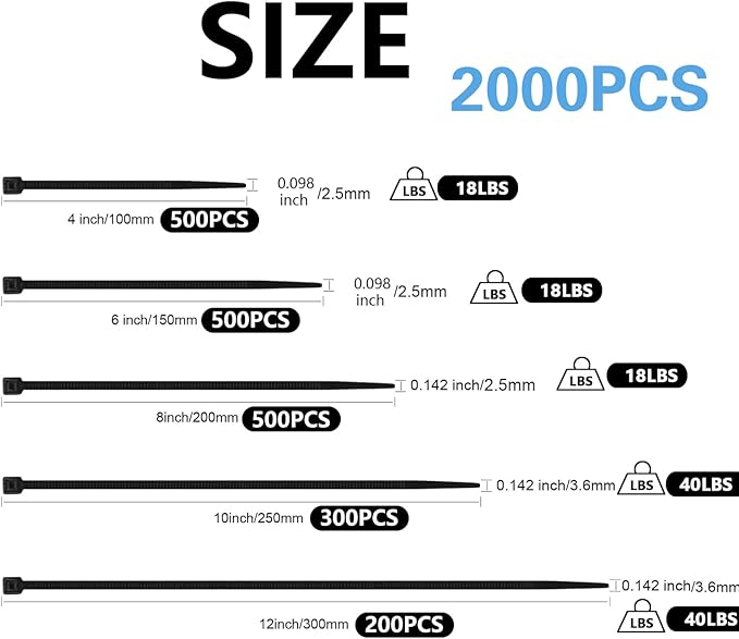MasiStranth 2000 PCS Zip Ties Assorted Sizes 4+6+8+10+12 Inch Self-locking Nylon Cable ties Heavy Duty Outdoor, UV Resistant Wire Straps for Home Office Garden Workshop Indoor Outdoor Fence((White)
