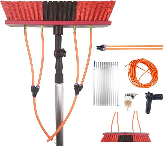 Water Fed Window Cleaning Pole Water Supply hosee and Soap Dispenser, Telescopic Hose Fed, Gutters Conservatory Extendable Extended Brush Kit Telescopic Brush 6poles 35brush Head