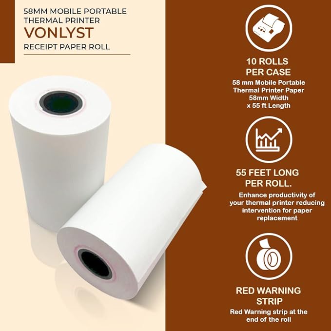 Vonlyst Receipt Paper Roll for 58mm Mobile Portable Thermal Printer (Pack 10 rolls)