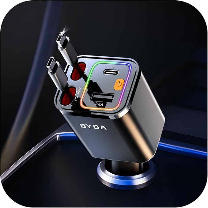 4 in 1 Retractable Car Charger,69W USB-C Fast Car Charger, for iPhone16/15/14/13/12,Cigarette Lighter Charger (Grey, Dual Type C &RGB Breathing Light)