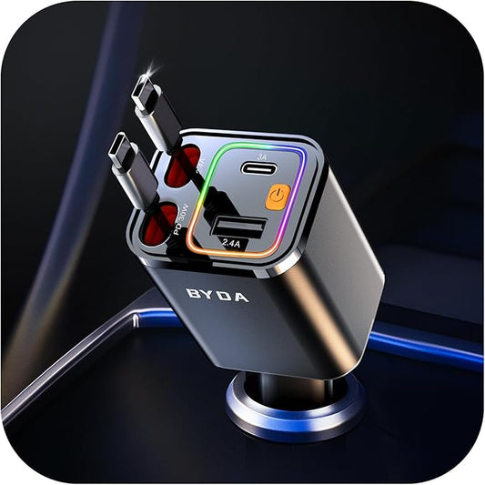 4 in 1 Retractable Car Charger,69W USB-C Fast Car Charger, for iPhone16/15/14/13/12,Cigarette Lighter Charger (Grey, Dual Type C &RGB Breathing Light)