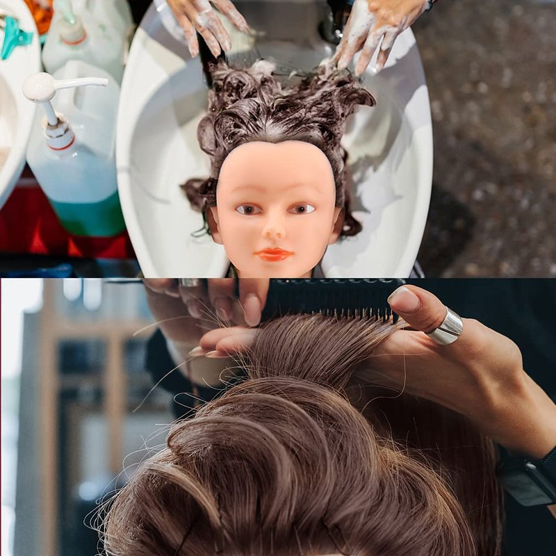 CZFY Cosmetology Mannequin Head with 100% Real Human Hair and Adjustable Stand 22-24” for Braiding Hair Styling Training Hairart Barber Hairdressing Fashion Salon Display