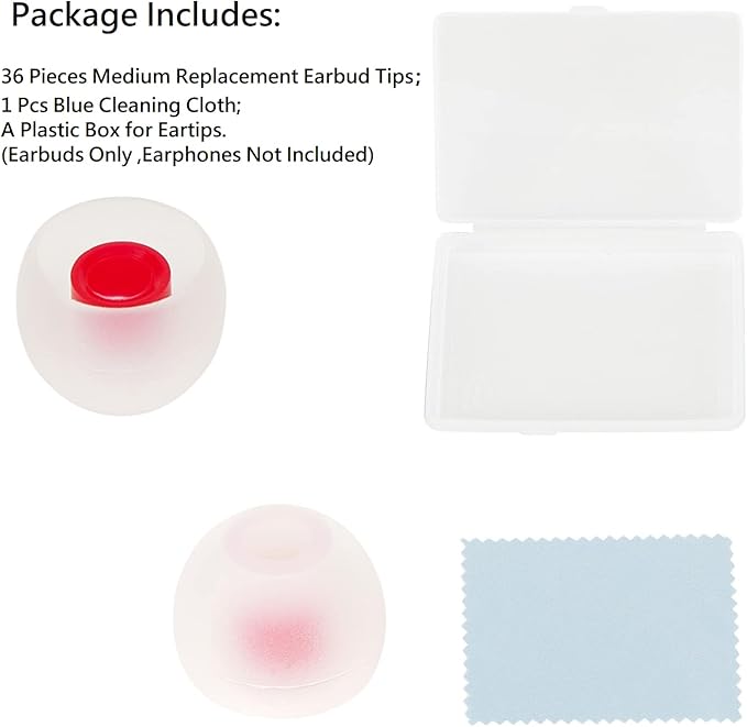 CYADCI 36 Pieces Medium Earbud Tips Soft and Comfortable Ear Bud Replacement Pieces Silicone Fit Most in-Ear Headphones，Inner Hole 3.8mm -5.5mm，Medium White and Red Replacement Eartips