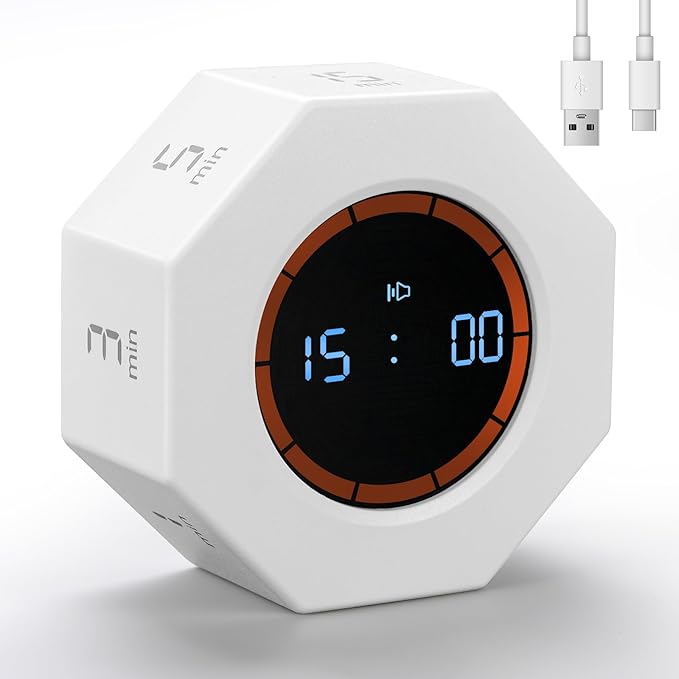 Kaflin Small Rechargeable Pomodoro Timer, Gravity Sensor Auto-Rotating 7 Preset Times (1/3/5/15/30/60/90 min) & Count Up Mode, Digital Kitchen Timers for Cooking, Work and Study (Pearl White)