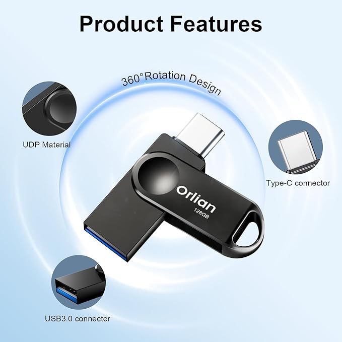 Orlian 128GB USB C Flash Drive Dual USB 3.0 Thumb Drive Type-C & USB-A 110MB/S Metal UDP Waterproof Swivel Design Memory Stick for Phone Android Tablet iPhone 15/16/17 Computer PC and More Black