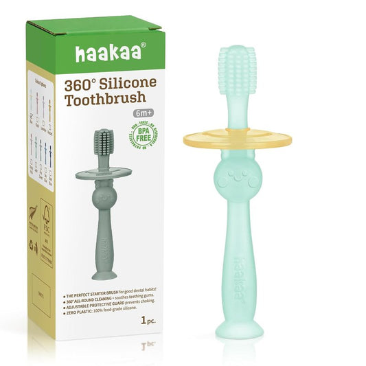 Haakaa 360° Baby Toothbrush - Food-Grade Silicone for Gentle Self-Brushing Training | Adjustable Safety Shield - Blue