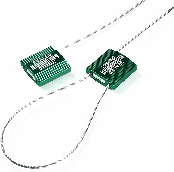 LeadSeals 100 Green Steel Cable Seals With Barcode - High Security Numbered Truck Anti-Tamper Pull Tite Tags - Metal Container Shipping Self-Locking Safety Ties ISO 17712