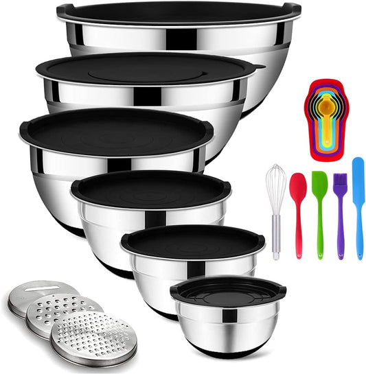 Rottay Mixing Bowls Set - 20PCS Stainless Steel with Airtight Lids & Grater Attachments | Non-Slip Bottoms
