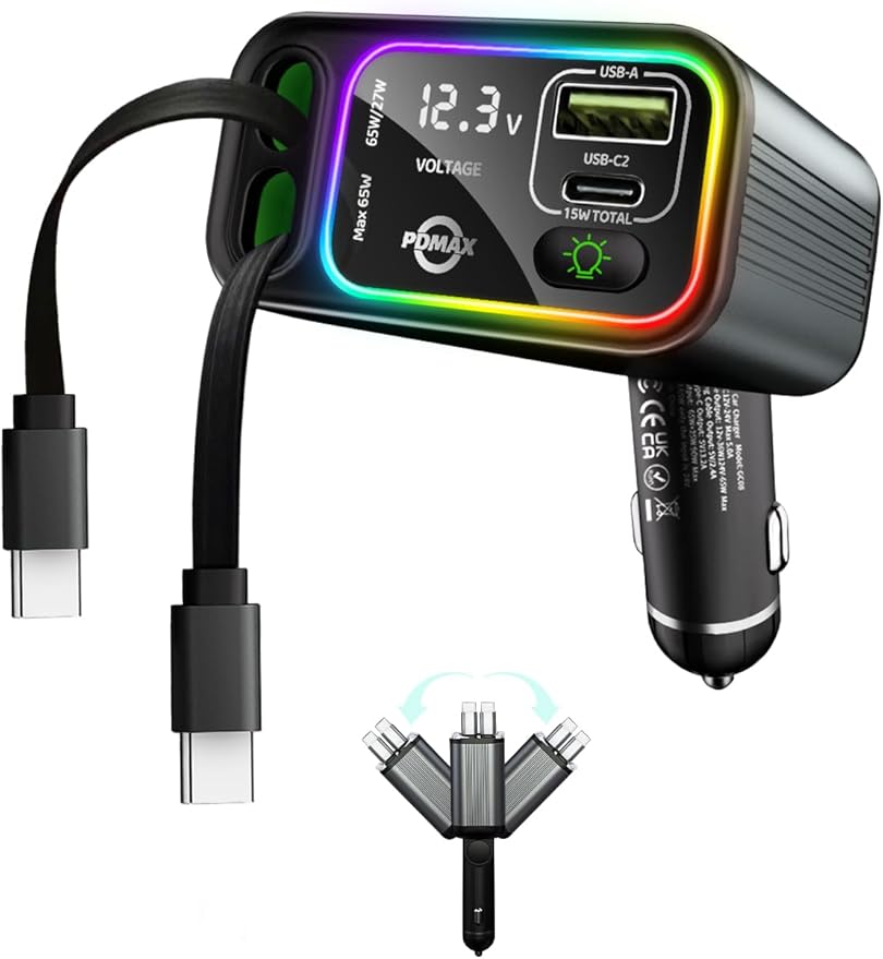 PDMAX Retractable Car Charger USB C,145W Type C Car Charger Fast Charging with Dual Retractable USB C Cable and USB Ports for iPhone 17/16/15,S25/24/23/22, Pixel 9/8/7（Build-in Dual Type C Cable）