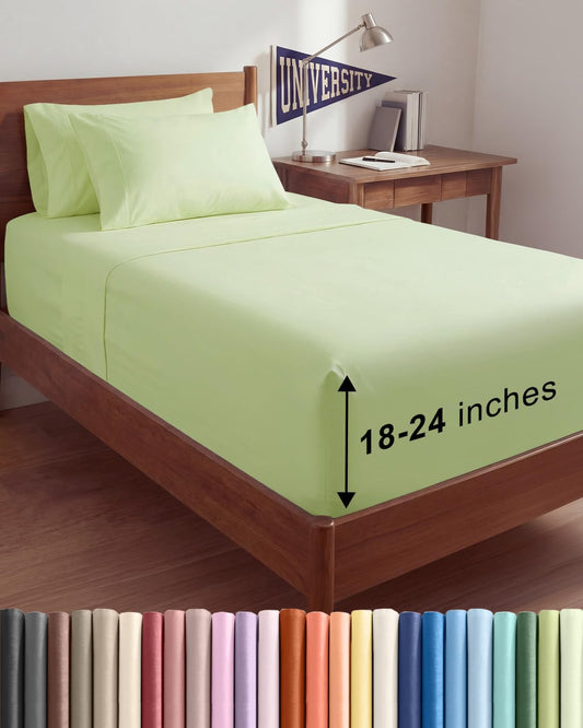 Skiennix Extra Deep Twin XL Sheet Set | 4-Piece Breathable Cooling Bedding - Soft, Wrinkle-Free Light Sage