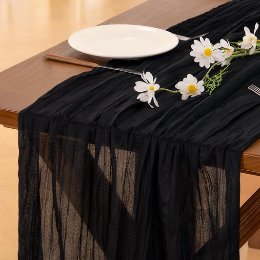 Socomi Cheesecloth Table Runner - 120 Inch Black Boho Rustic Design for Weddings & Events