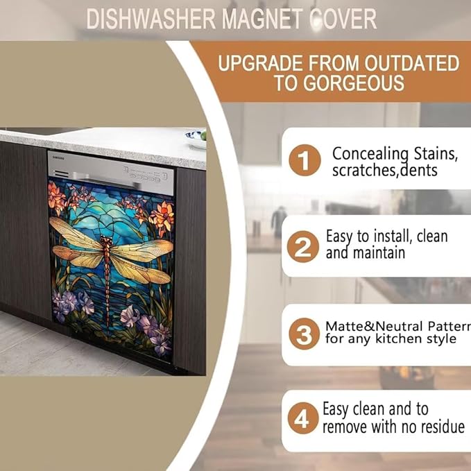 Dragonfly Dishwasher Magnet Cover, Stained Glass Window Home Magnetic Appliance Panel Decal, 23" W x 26" H, 1 Count