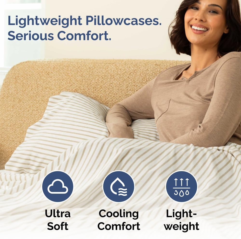 Skiennix Queen Pillow Cases Set of 4 - Ultra Soft Hotel Quality Covers - Wrinkle Free & Fade Resistant - Beige Stripes