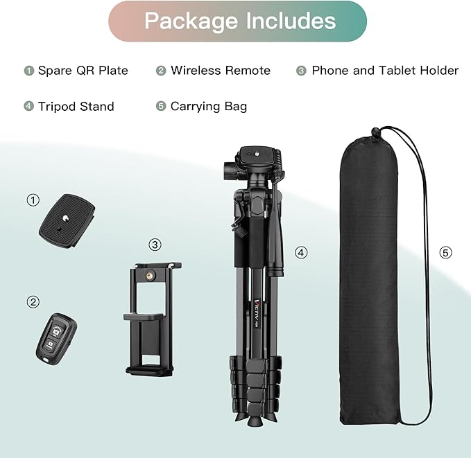 Camera Tripod Stand, 68" Phone Tripod for Tablet with Remote and Holder, Lightweight and Compact Travel Tripod for Canon Sony Camera, Compatible with DSLR, iPhone, iPad
