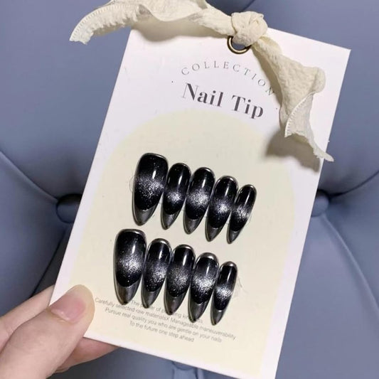 MAOLEETO 3D Almond Press on Nails, Long Almond Fake Nails French Gradient False Nails Middle Black Press on Nails for Women Girls Nail Art Decoration - Middle