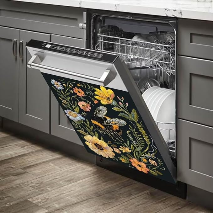 Flower and Bee Painting Dishwasher Magnet Cover Sticker,Refrigerator Magnet Cover Decal Fridge Magnetic Stickers Home Kitchen Decor,23W x 26H inchs
