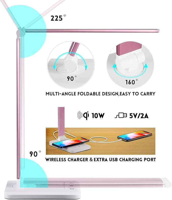 JOSTIC LED Desk Lamp with Wireless Charger, USB Charging Port, Desk Lighting with 10 Brightness, 5 Color Modes, Dimmable Eye Caring Reading Desk Lamps for Home Office, Touch Control, Auto Timer, Pink