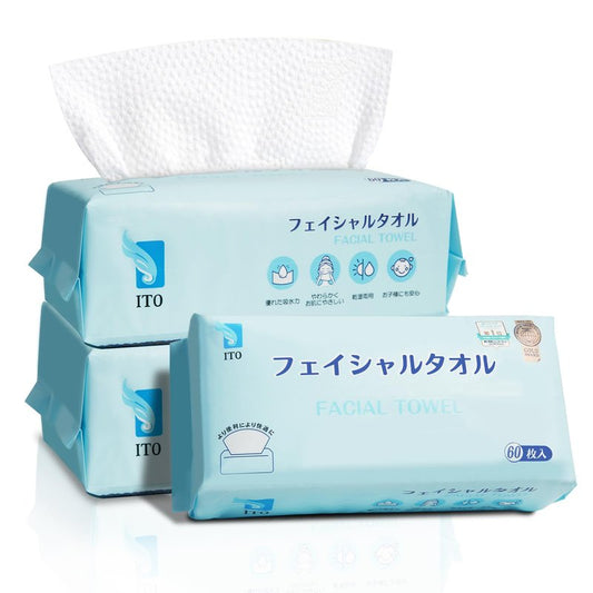 ITO Face Towels, Ultra-Soft & Extra Thick Cleansing Towels for Sensitive, Dry & Oily Skin, Facial Tissue, Makeup Remover Disposable Towels (60 Count (Pack of 3))
