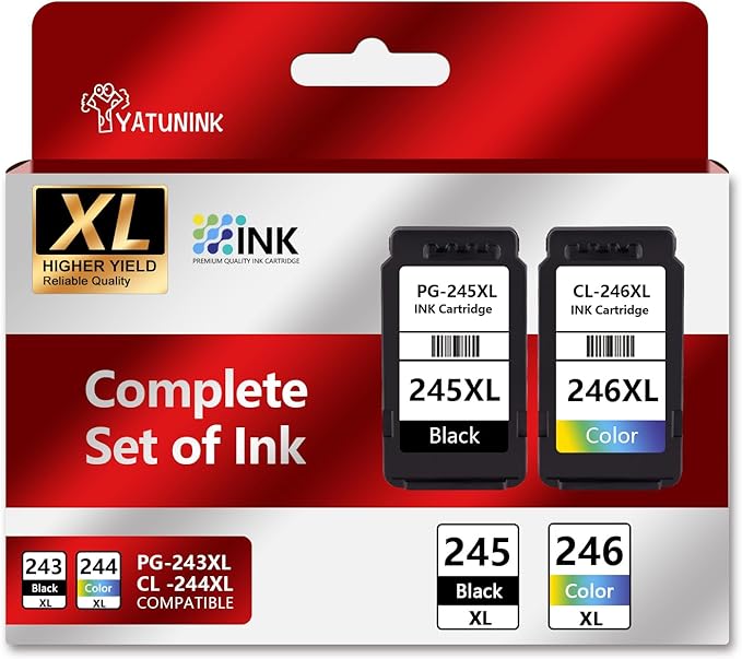 YATUNINK 245XL 246XL Combo Pack Compatible for Canon Ink 245 and 246 Works with MX490 MX492 TR4520 TR4522 MG2500 MG2522 TS3100 TR4500 Printer PG245XL CL246XL (Black and Tri-Color)