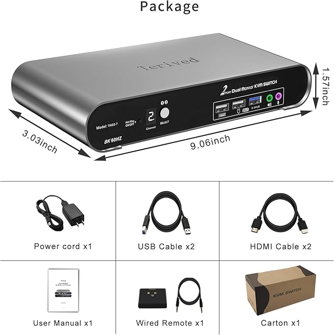Terived 2 Computers 2 HDMI Monitor Automatic KVM Switch 8K@60Hz, Hotkey Switching, EDID, Support 5.1/7.1 Audio and Microphone, Aluminum Shell with Digital Display, USB 3.0 Hub, HDR10 with Cables