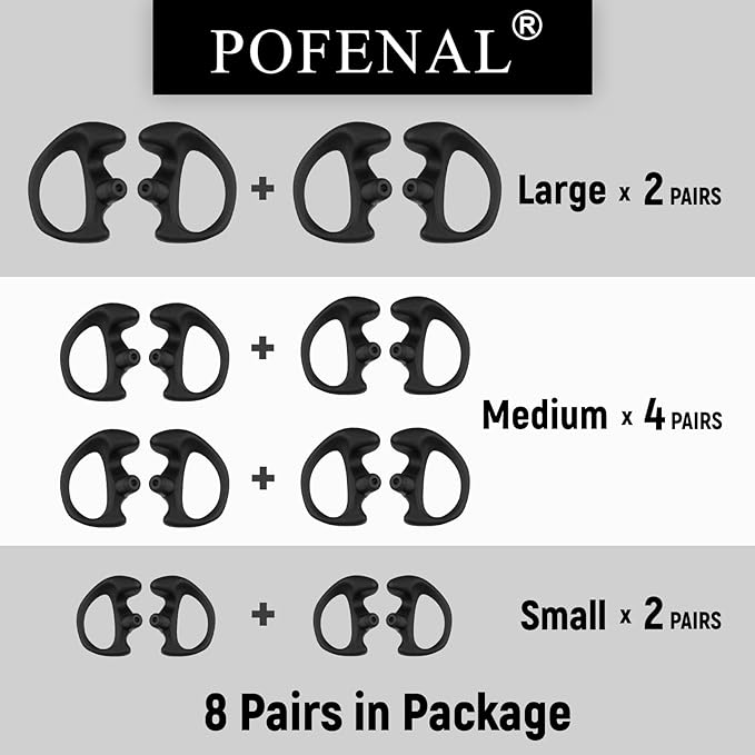 POFENAL Silicone Replacement Earmold for Motorola/Baofeng/Retavis Radios - Police Walkie Talkie & Law Enforcement Soft Earpiece Inserts (8 Pair, Black - 2L/4M/2S)