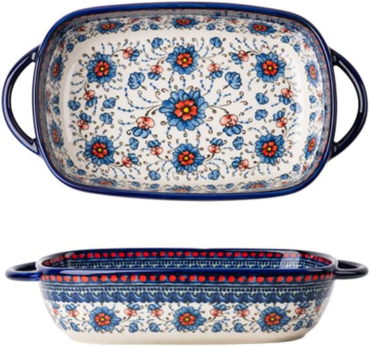 Skiennix Vintage Ceramic Bakeware Casserole Dish - 22 Oz Floral Design with Handles for Oven Cooking