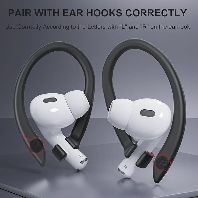 ICARERSPACE 2 Pairs AirPods Ear Hooks for AirPods Pro 2, AirPods Pro, AirPods 4, 3, 2 & 1, Upgraded Anti Slip Sports Clip Hooks for AirPods 1, 2, 3, 4,Pro, Pro 2 – Black