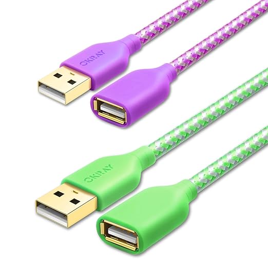 USB Extender Cord, OKRAY 2-Pack 6FT USB 2.0 Extension Cable Type A Male to A Female Data Transfer USB-A Extender Durable Nylon Braided Cable for Printer, USB Flash Drive/Game Controller (Purple Green)