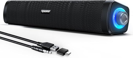 Uakinat USB Computer Speakers,Computer Speakers with 3.5 mm aux,Wired USB Powered & Colorful LED Lights with Switch Button,Surround Sound Portable SoundBar for Monitor Laptop Phone(Black)