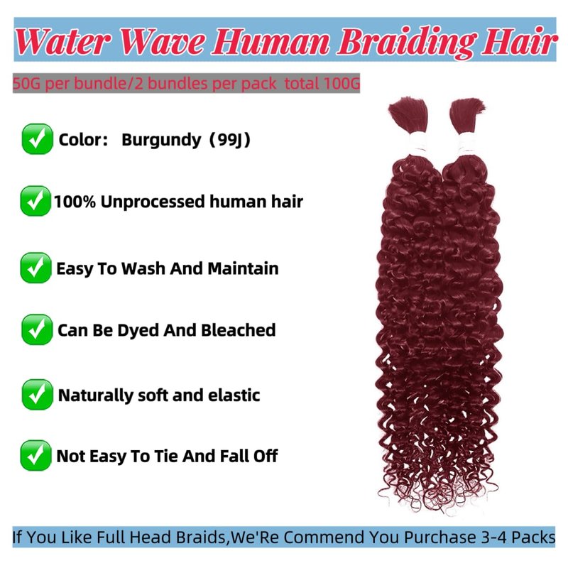 Human Braiding Hair Deep Wave Bulk Human Hair for Braiding Bohemian Knotless 2 Bundles 100g 18Inch No Weft 10A Brazilian Virgin Human Hair Extensions Curly Bulk Human Hair for Boho Braids