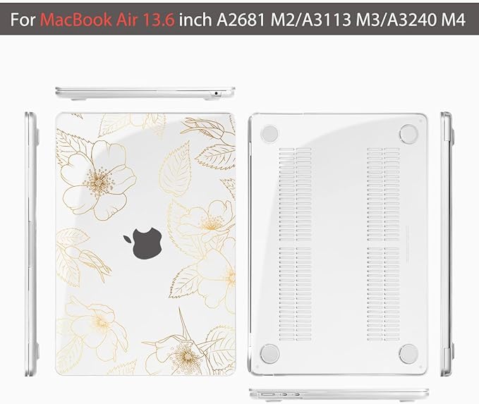 Teryeefi for MacBook Air 13.6 inch Case M5 M4 M3 M2 2022 2023 2024 2025 Model A2681 A3113 A3240 A3449 Plastic Hard Shell Cover with Screen Protector & Keyboard Cover & USB Adapter, Gold Flower Leaf